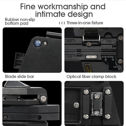 Comptyco Universal Cutter for Fiber Optic Cables showing blade slide bar, optical fiber clamp block, rubber non-slip pad and three-in-one fixture