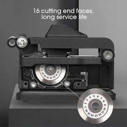Comptyco Universal Cutter for Fiber Optic Cables showing 16 cutting end faces and adjustable blade dial for precise fiber cuts