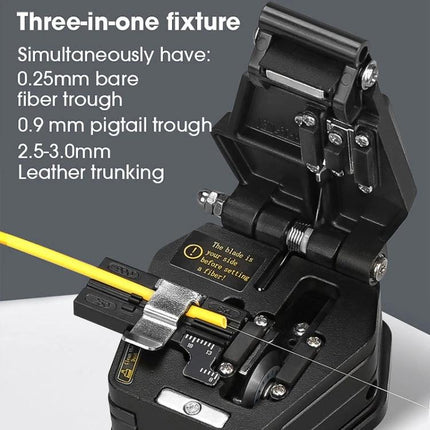 Comptyco Universal Cutter for Fiber Optic Cables – three-in-one fixture cutting 0.25mm bare fiber, 0.9mm pigtail, 2.5–3.0mm trunking with clamp