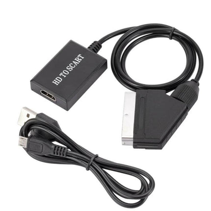 HDMI to Scart Converter for Connecting Devices to Older TVs - black HDMI to SCART adapter with USB power cable