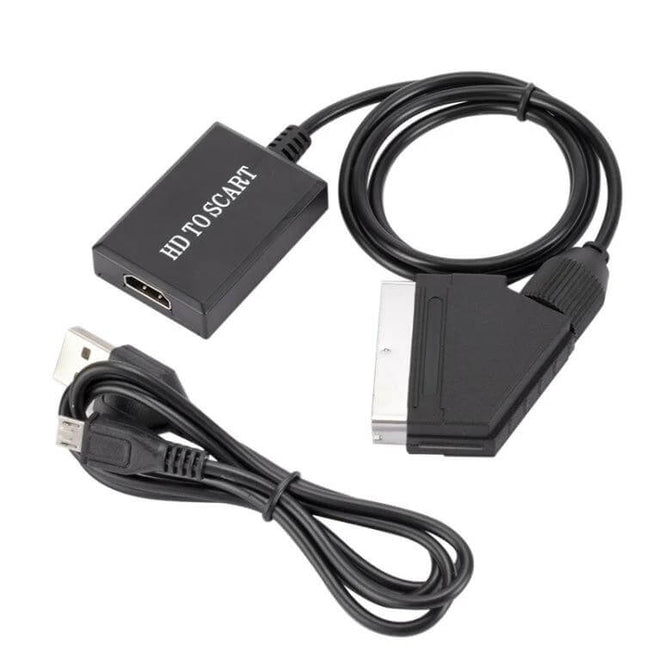 HDMI to Scart Converter for Connecting Devices to Older TVs - black HDMI to SCART adapter with USB power cable