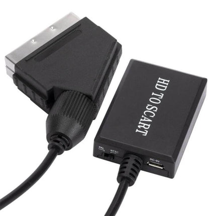 HDMI to Scart Converter for Connecting Devices to Older TVs - black ABS adapter with SCART plug and HDMI-to-SCART box for connecting modern devices to retro TVs