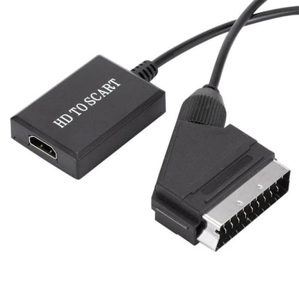 HDMI to Scart Converter for Connecting Devices to Older TVs - black ABS adapter showing HDMI input and SCART plug