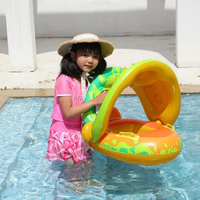 Baby PVC Swim Ring With Sun Canopy Cartoon Animal Green
