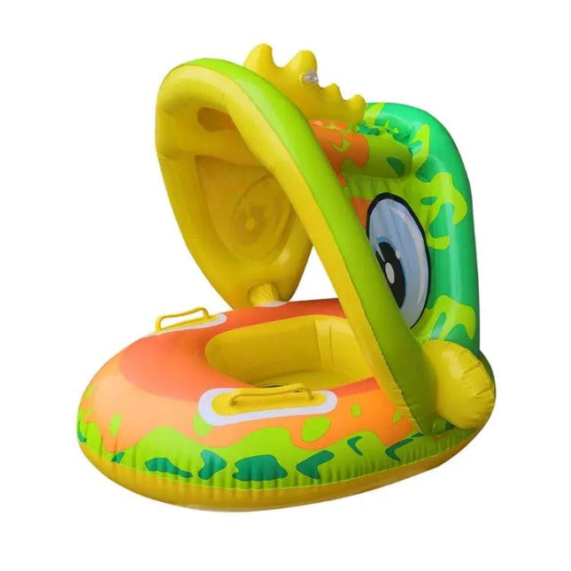 Baby PVC Swim Ring With Sun Canopy Cartoon Animal Green