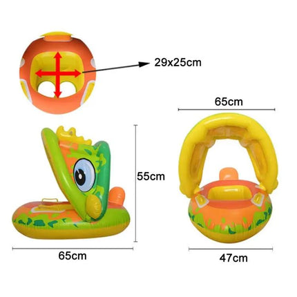 Baby PVC Swim Ring With Sun Canopy Cartoon Animal Green | Syndmart