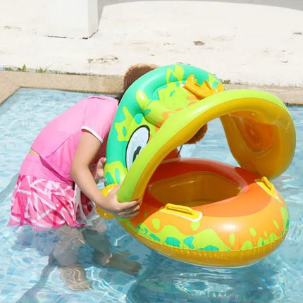 Baby PVC Swim Ring With Sun Canopy Cartoon Animal Green | Syndmart