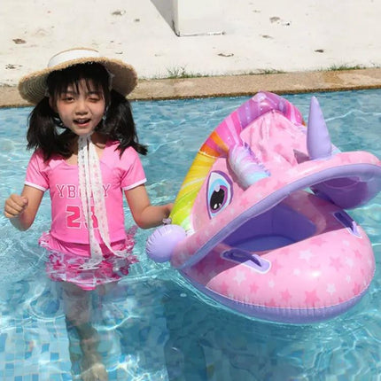 Baby PVC Swim Ring With Sun Canopy Cartoon Animal Green | Syndmart