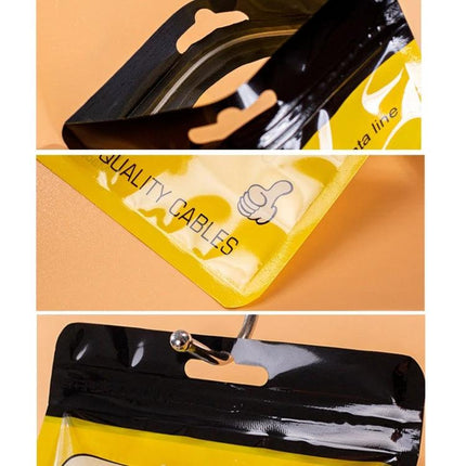 Thickened Plastic Ziplock Bags for Data Cable Storage, 100 Pack - yellow black resealable cable storage pouches with hang hole