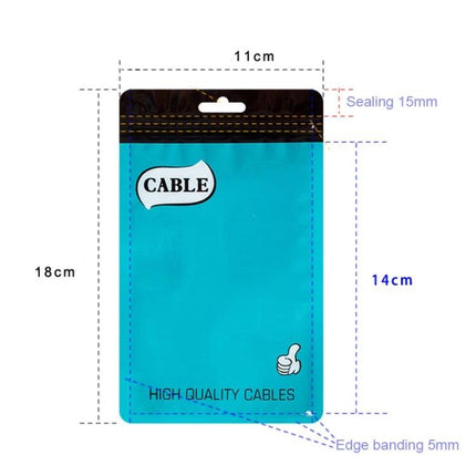 Thickened Plastic Ziplock Bags for Data Cable Storage, 100 Pack - blue resealable cable storage pouch with hang hole and dimensions printed