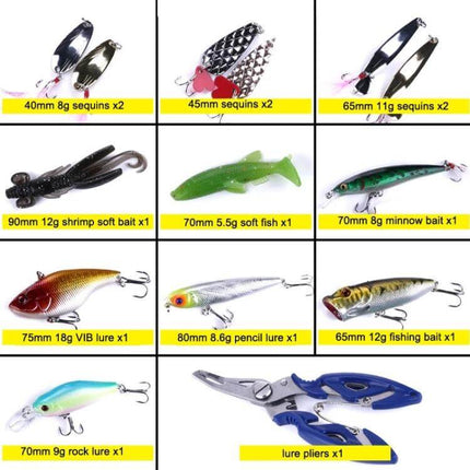 HENGJIA Sea Bass Fake Soft Bait 110 Piece Box For Freshwater Fishing - organized 110-piece lure set in ABS storage box with soft baits, hard lures, hooks and pliers