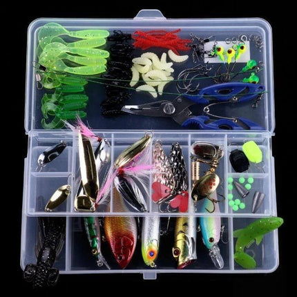 HENGJIA Sea Bass Fake Soft Bait 110 Piece Box For Freshwater Fishing compact ABS storage box with assorted soft baits, hard lures, hooks and accessories