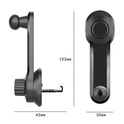 Car Air Vent Phone Holder Rotatable 13mm Ball Head showing side and front dimensions 102mm x 42mm x 30mm, 360° rotatable secure clamp for bar vents