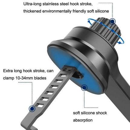 Car Air Vent Phone Holder Rotatable 13mm Ball Head showing extra long hook stroke, soft silicone shock absorption and clamp for 10-34mm blades