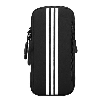 Waterproof Running Arm Bag For Phone - black running arm pouch with triple white stripes, zipper pocket and breathable mesh for workouts and cycling
