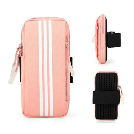 Waterproof Running Arm Bag For Phone in pink with white stripes, large zipper pocket, breathable mesh back and adjustable black strap