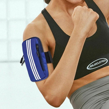 Waterproof Running Arm Bag For Phone on runner’s upper arm with large zipper pocket, breathable mesh strap, protects phone from sweat and light rain