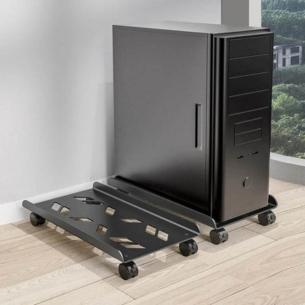 Removable Heightened Shelf for Office Desktop Computer Hosts on casters elevating black PC tower to prevent moisture and improve airflow