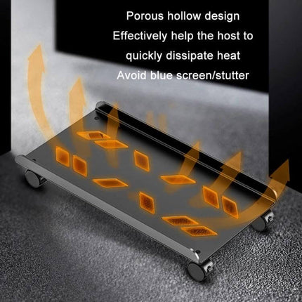 Removable Heightened Shelf for Office Desktop Computer Hosts with porous hollow design and wheels to improve air circulation and heat dissipation
