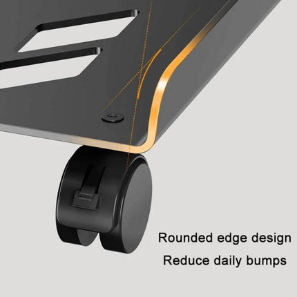 Removable Heightened Shelf for Office Desktop Computer Hosts — close-up of rounded edge and caster wheel, cold rolled steel construction