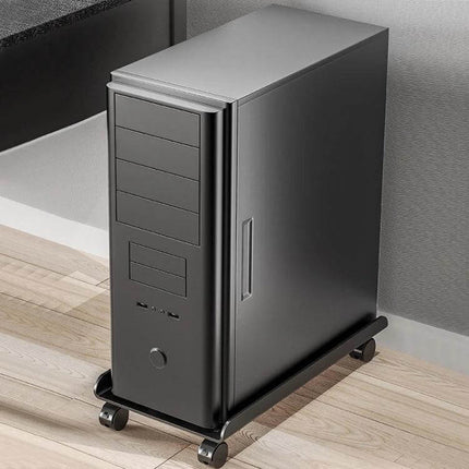 Removable Heightened Shelf for Office Desktop Computer Hosts supporting a black PC tower on rolling steel base to elevate and improve airflow
