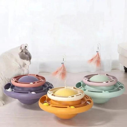 Colorful Tumbling Cat Toy for Everyday Indoor Playtime - three pastel tumblers with balls and feather teasers for indoor cat exercise