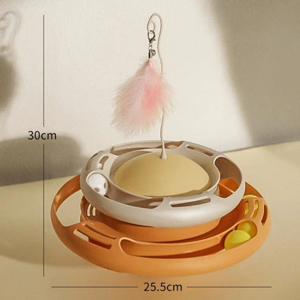 Colorful Tumbling Cat Toy for Everyday Indoor Playtime shown with orange multi-level track, hanging pink feather and chasing balls (25.5×30cm)