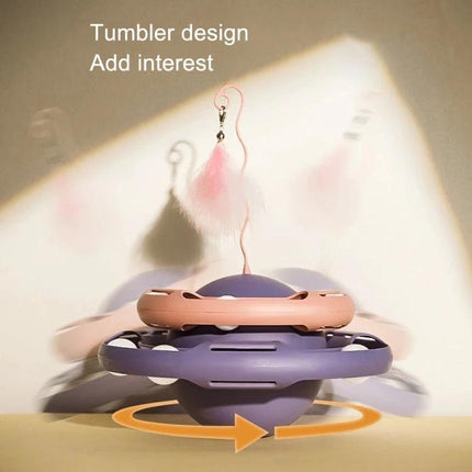 Colorful Tumbling Cat Toy for Everyday Indoor Playtime - purple and pink tumbler with balls and feather teaser promoting active indoor cat play