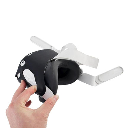 Shockproof Silicone Cover for Oculus Quest 2 in Multiple Colors - black silicone protective skin shown on headset being fitted