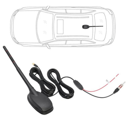 Amplified Car Radio Antenna for GPS, FM, AM, and DAB Signals mounted on car roof with 28dB gain, cable and connector shown