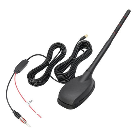 Amplified Car Radio Antenna for GPS, FM, AM, and DAB Signals - black 28dB gain vehicle antenna with long cable for improved reception