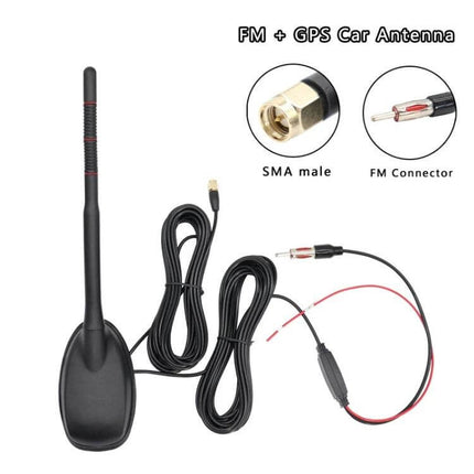 Amplified Car Radio Antenna for GPS, FM, AM, and DAB Signals - black amplified mast with SMA male and FM connector, 28dB gain for better reception