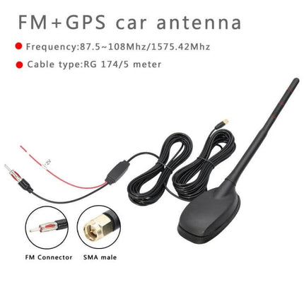 Amplified Car Radio Antenna for GPS, FM, AM, and DAB Signals - 28dB gain black shark-fin style antenna with SMA male and FM connector cable