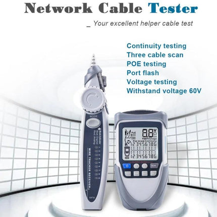 Multi-Function Network Cable Tester for POE and Wire Systems handheld tester showing display and probe for continuity, POE, voltage and port testing