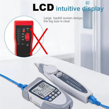 Multi-Function Network Cable Tester for POE and Wire Systems showing handheld LCD tester and remote unit diagnosing POE and cable faults