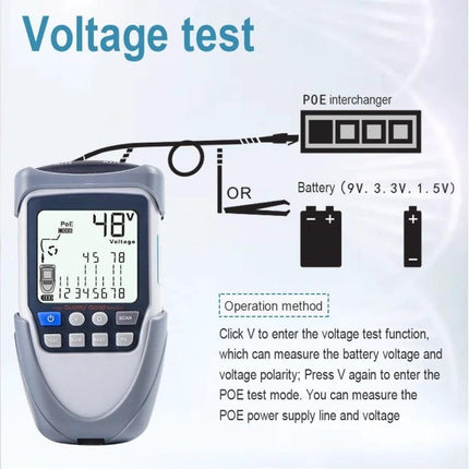 Multi-Function Network Cable Tester for POE and Wire Systems voltage test handheld device showing 48V readout and POE battery test