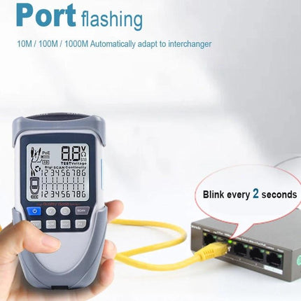 Multi-Function Network Cable Tester for POE and Wire Systems showing port flashing, PoE voltage readout and cable continuity during network troubleshooting