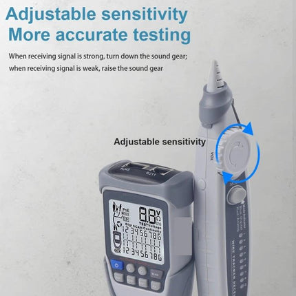 Multi-Function Network Cable Tester for POE and Wire Systems showing adjustable sensitivity and probe for accurate testing