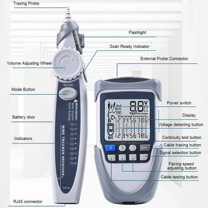 Multi-Function Network Cable Tester for POE and Wire Systems handheld tester with display and probe for tracing, continuity, voltage and POE diagnostics