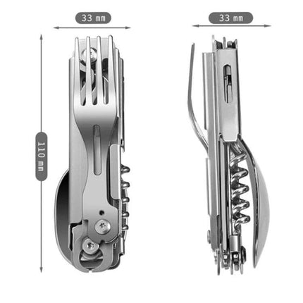 6 In 1 Folding Tableware Set Detachable Utensils For Outdoor Camping stainless steel compact folding knife fork spoon multitool shown folded with dimensions