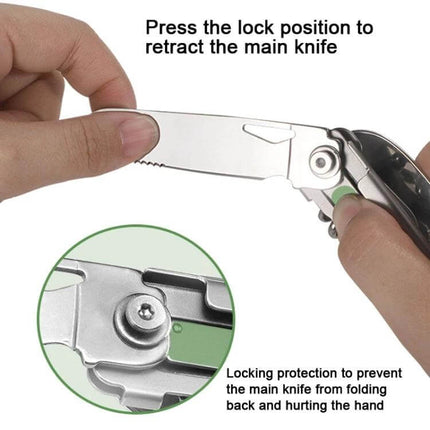 6 In 1 Folding Tableware Set Detachable Utensils For Outdoor Camping showing main knife locking mechanism being retracted and safety lock