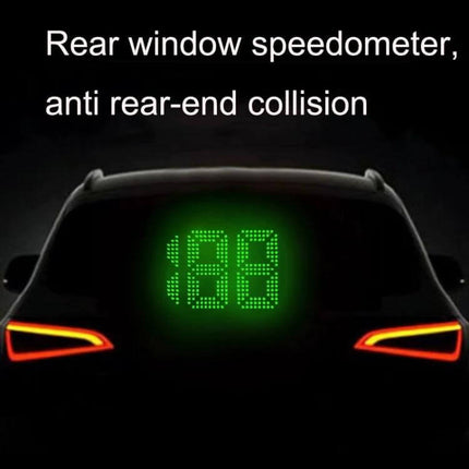 GPS Rear Window Speedometer for Vehicle Safety Monitoring mounted on rear window displaying bright green LED speed to warn following drivers