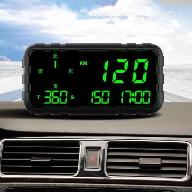 GPS Head-Up Display for Cars with Speed and Compass Tracking showing bright green speed 120 and compass on windshield