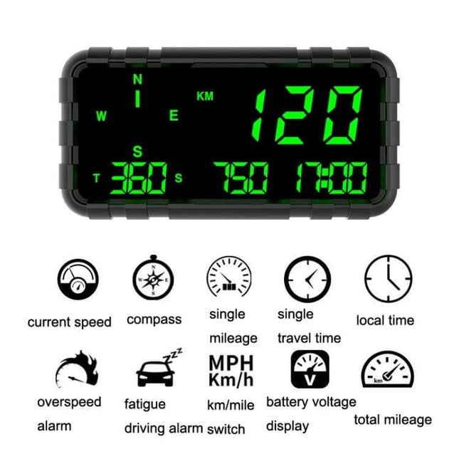 GPS Head-Up Display for Cars with Speed and Compass Tracking projecting speed, compass, trip stats and alerts on windshield