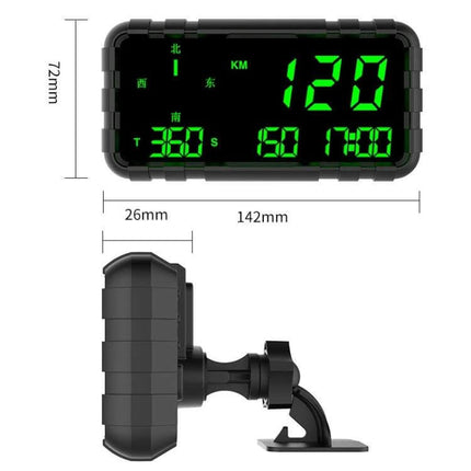 GPS Head-Up Display for Cars with Speed and Compass Tracking showing green LED speed, compass and dimensions mounted on adjustable windshield bracket