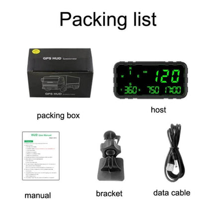 GPS Head-Up Display for Cars with Speed and Compass Tracking showing package contents: host display, packing box, manual, bracket, data cable