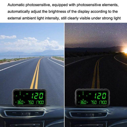 GPS Head-Up Display for Cars with Speed and Compass Tracking projecting adjustable-brightness speed and compass readouts on windshield day and night
