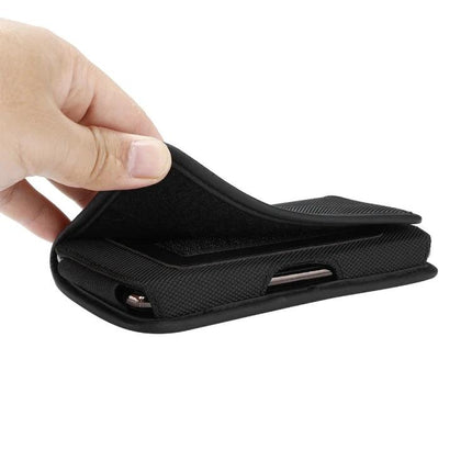Oxford Cloth Phone Case With Belt Attachment For Everyday On The Go showing hand opening black nylon belt pouch with phone inside