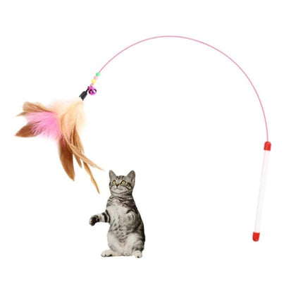 Feathered Cat Toy Stick with Bell for Everyday Play — pink rod, steel wire and feather lure with bell enticing indoor cat to chase and pounce