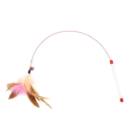 Feathered Cat Toy Stick with Bell for Everyday Play - flexible steel wire wand with pink handle and dangling feather bell to encourage chasing and pouncing